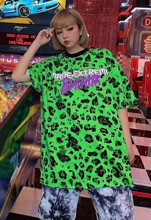 Leopard print tee fluorescent graffiti slogan t-shirt green