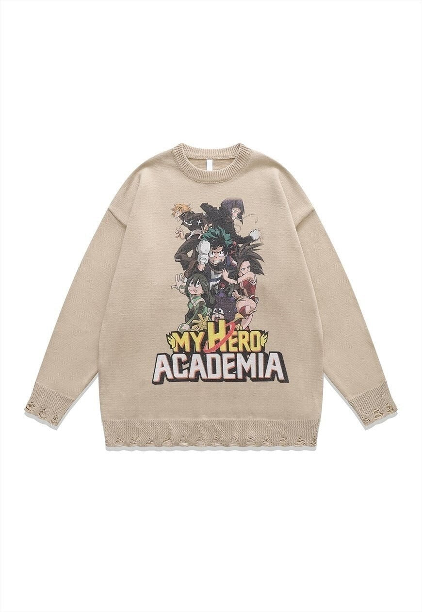 Academia sweater knitted distressed Anime print jumper beige