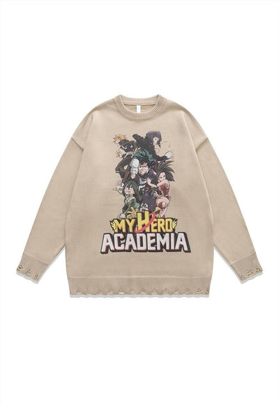 Academia sweater knitted distressed Anime print jumper beige