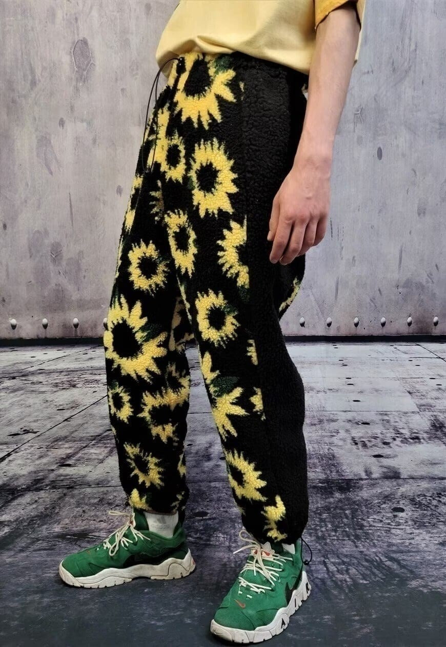 Sunflower fleece joggers handmade Daisy pants floral bottoms