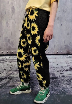 Sunflower fleece joggers handmade Daisy pants floral bottoms