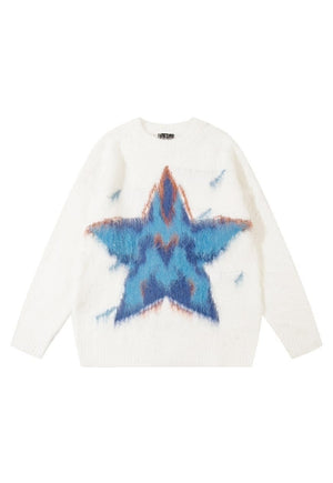 Fluffy sweater star print fluffy knitwear gilet jumper white