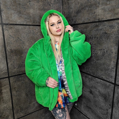 Green fleece jacket handmade detachable fluffy bomber fluorescent faux fur premium raver coat in bright neon techno green