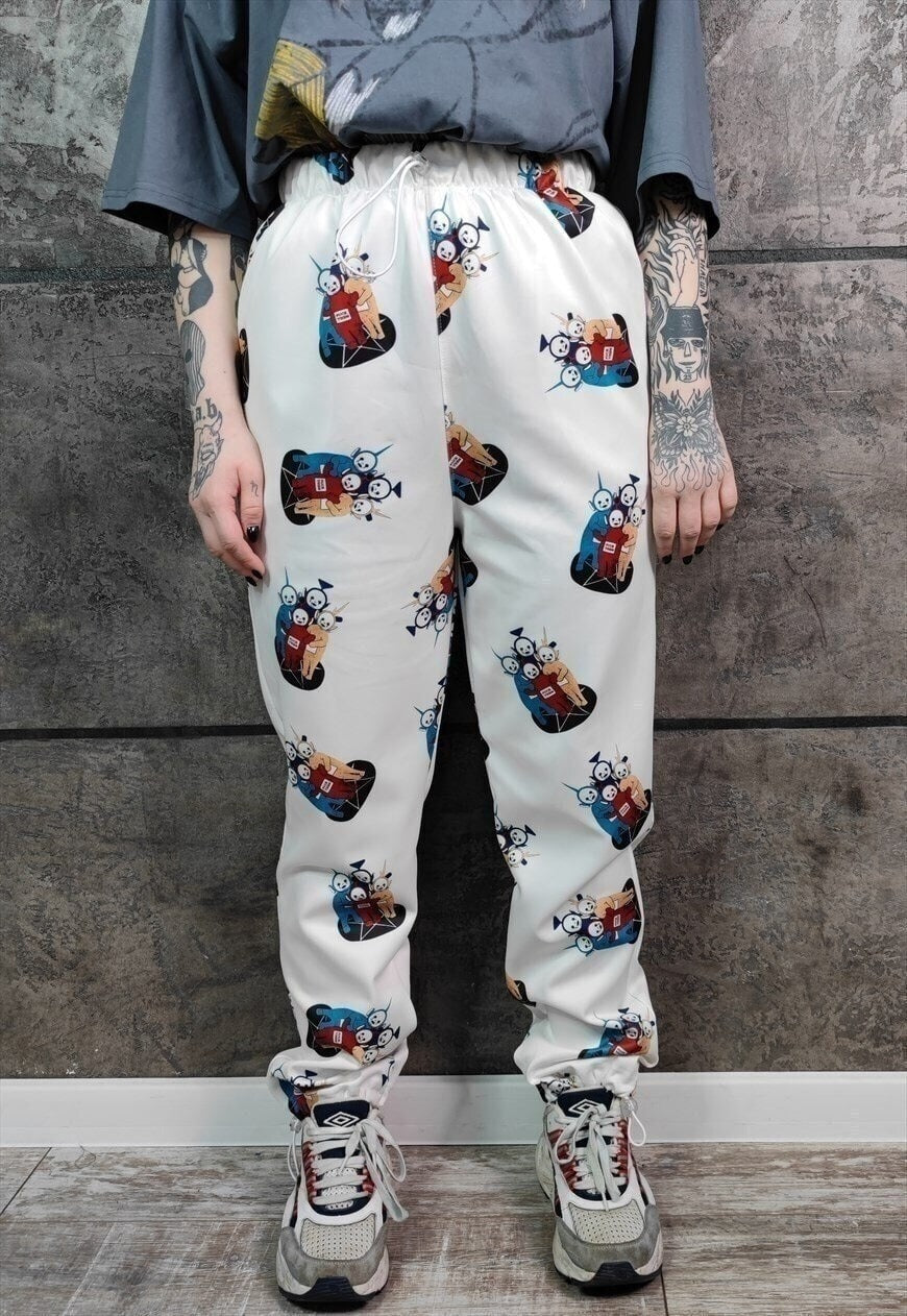 Teletubbies joggers handmade Gothic print raver pants white