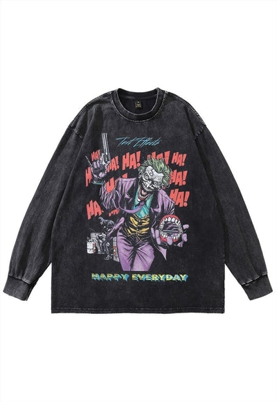 Joker long sleeve top clown print jumper hip-hop tee in grey