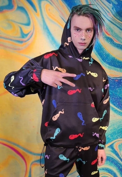 Emoji baggy hoodie handmade y2k cat cartoon pullover black