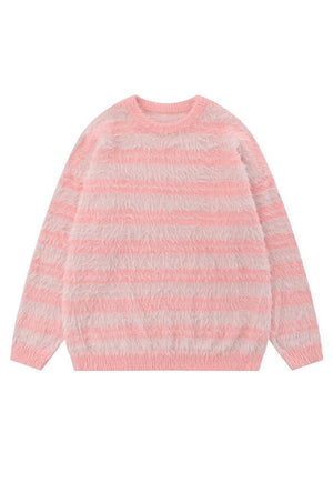 Striped sweater fluffy knit jumper soft fleece pastel pink