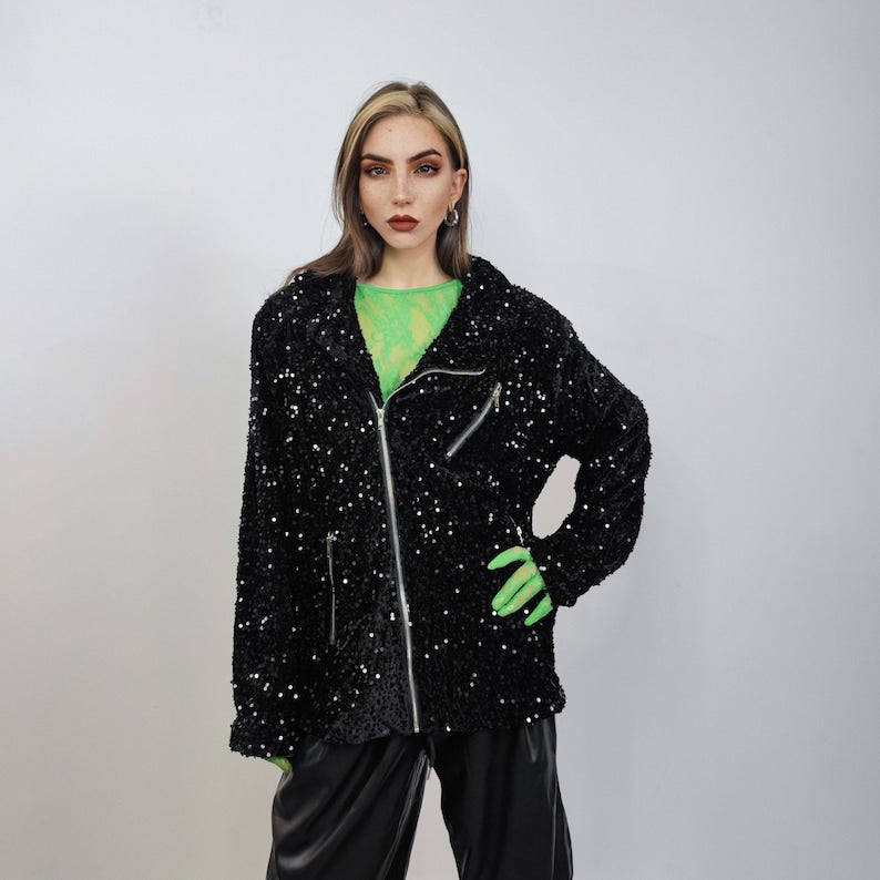 Sequin biker jacket black glitter bomber sparkle night club coat party blazer glam rock overcoat fancy dress embellished going out top