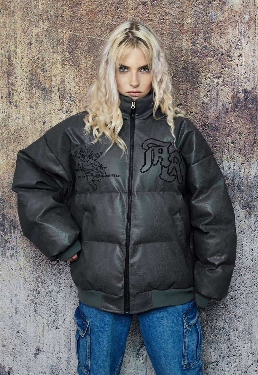 Faux leather bomber jacket angel patch grunge puffer in grey