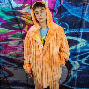 Tie-dye fleece coat handmade 2in1 hood trench jacket orange