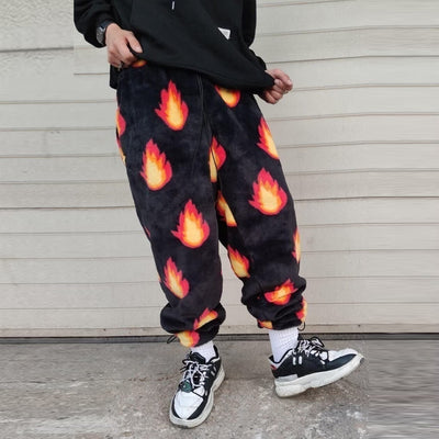 Flame fleece joggers luxury fluffy pants handmade thunder print trousers long hair premium fire festival overalls in black