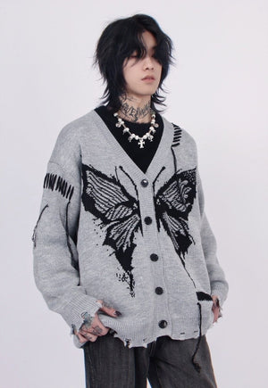 Gothic cardigan distressed jumper knitted butterfly top grey