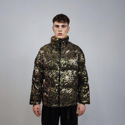 Golden sequin bomber glitter jacket sparkle puffer party varsity festival varsity fancy dress embellished coat going out top luminous yellow