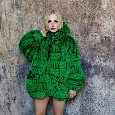 Faux fur luxury jacket handmade premium check fleece jacket fluffy hooded high fashion stripe coat in green back