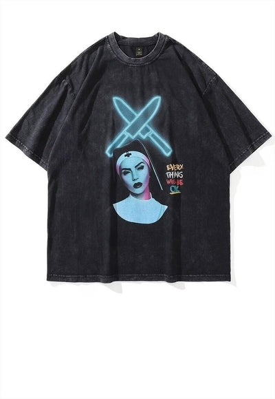 Nun print t-shirt Gothic tee retro horror punk top acid grey