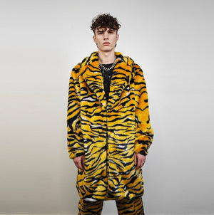 Tiger fur coat striped pattern longline trench glam rocker overcoat animal print bomber festival jacket customizable zebra peacoat in yellow