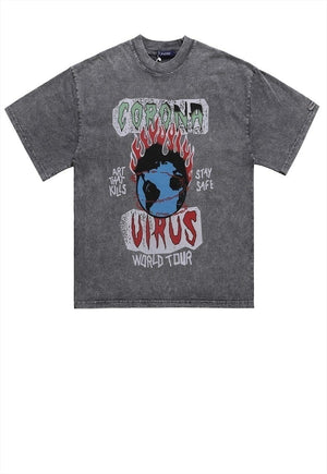 Virus print t-shirt grunge tee retro cyber punk top in grey