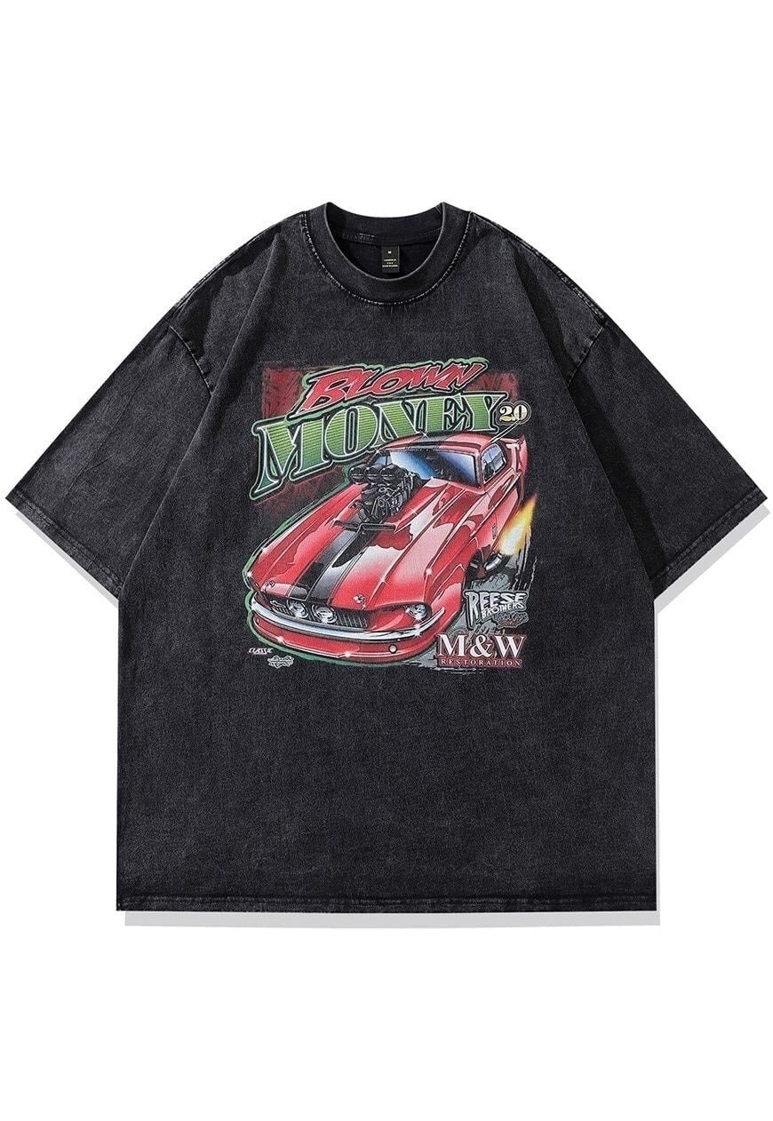 Racing car t-shirt old automobile tee retro grunge top grey