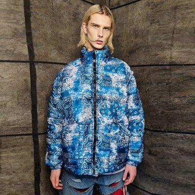 Tie-dye paisley bomber jacket detachable bandanna puffer