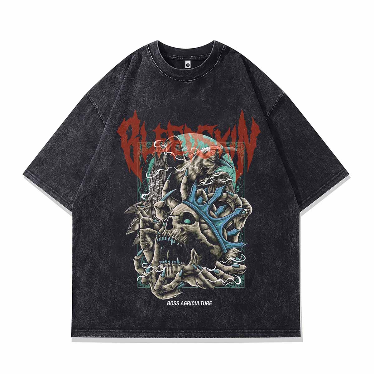 King skeleton t-shirt metalcore tee gothic skull print top in vintage grey