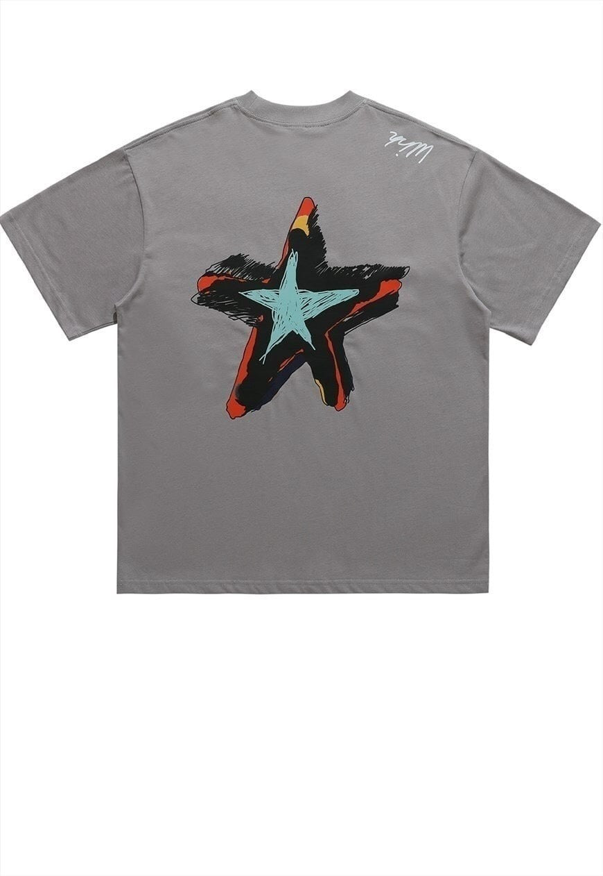 Star print t-shirt grunge punk tee retro graffiti top grey