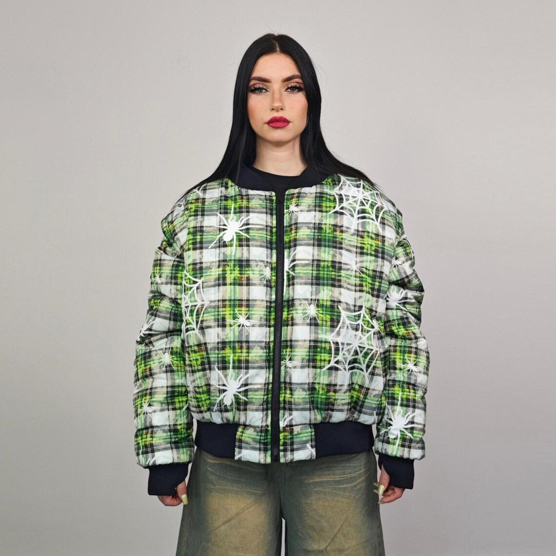 Spider web print bomber green plaid check jacket punk reversible college varsity detachable sleeves handmade creepy grunge tartan coat