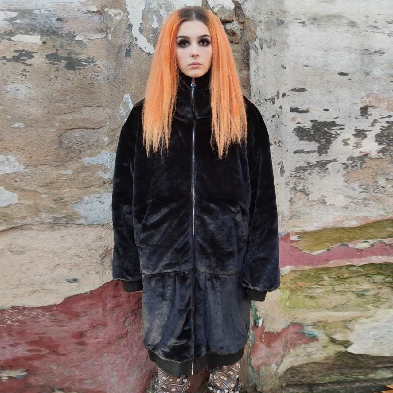 Long fleece coat faux fur hooded bomber long trench in black