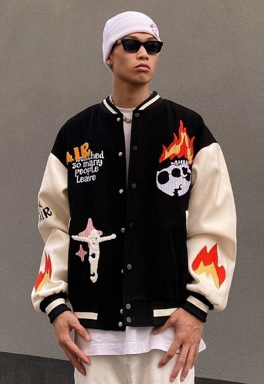 Flame varsity jacket faux leather skeleton bomber in black