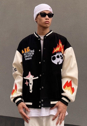 Flame varsity jacket faux leather skeleton bomber in black