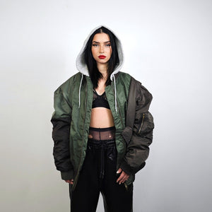 Hooded oversize bomber jacket green colour block baggy utility MA1 90s college coat rapper windbreaker hiphop rain jacket stitch rave puffer