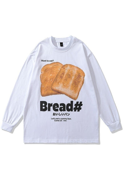 Bread print t-shirt old food long tee retro toast top white