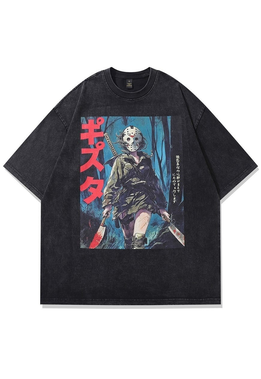 Horror anime t-shirt creepy mask tee grunge top vintage grey