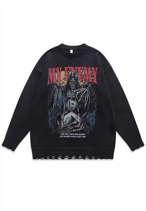 Creepy sweater skeleton knit distressed horror jumper black