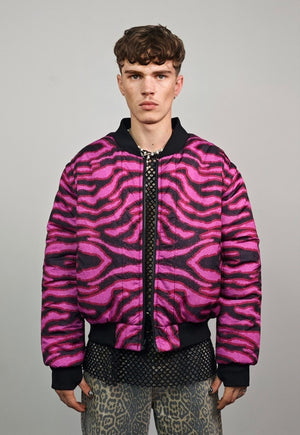 Zebra print varsity jacket pink striped reversible bomber