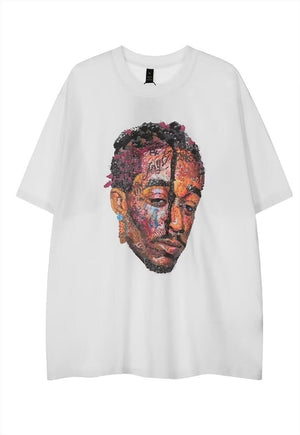 Rapper print t-shirt hip-hop tee drawing retro rap top white