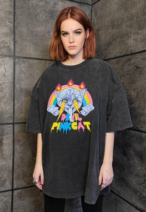 Rainbow t-shirt vintage wash punk cat tee kitten top black