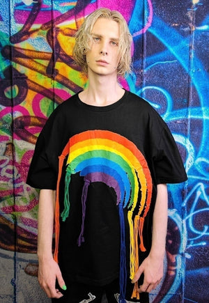 Rainbow t-shirt reworked rope top thread patch tee in black