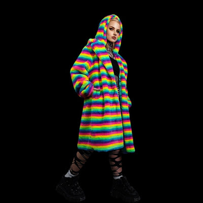 Rainbow coat hooded Gay pride trench striped rave bomber detachable fleece fluorescent festival bomber removable sleeves burning man jacket