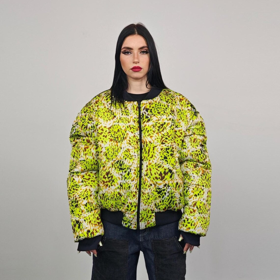 Neon leopard bomber animal print jacket fluorescent reversible college varsity detachable sleeves handmade rave puffer cyber festival coat