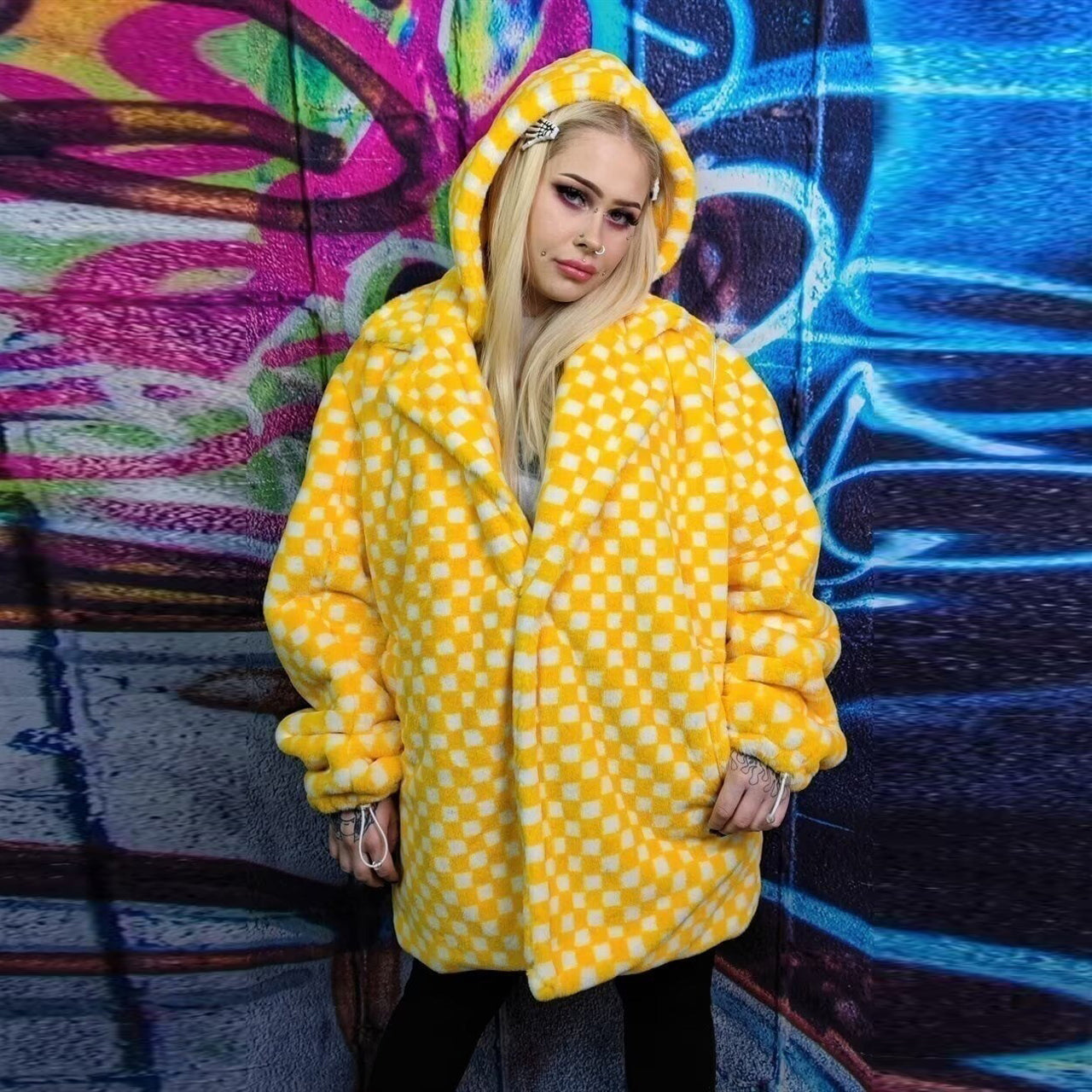 Chequerboard fleece jacket handmade 2 in 1 check coat yellow