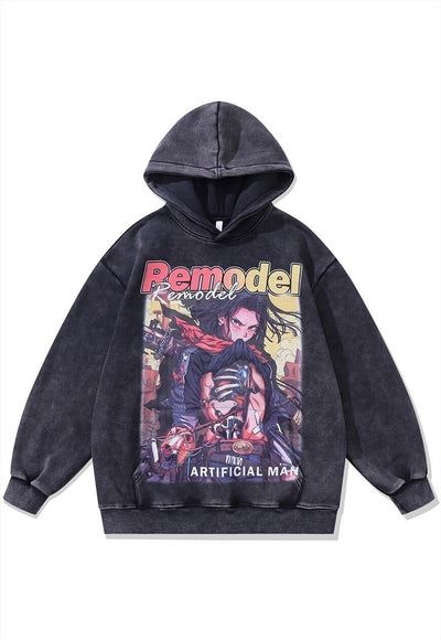 Anime print hoodie Remodel pullover Japanese cartoon jumper