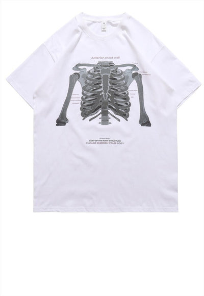 Skeleton bones print t-shirt anatomy tee Gothic top in white