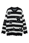 Striped sweater butterfly print jumper cutout elbow punk top