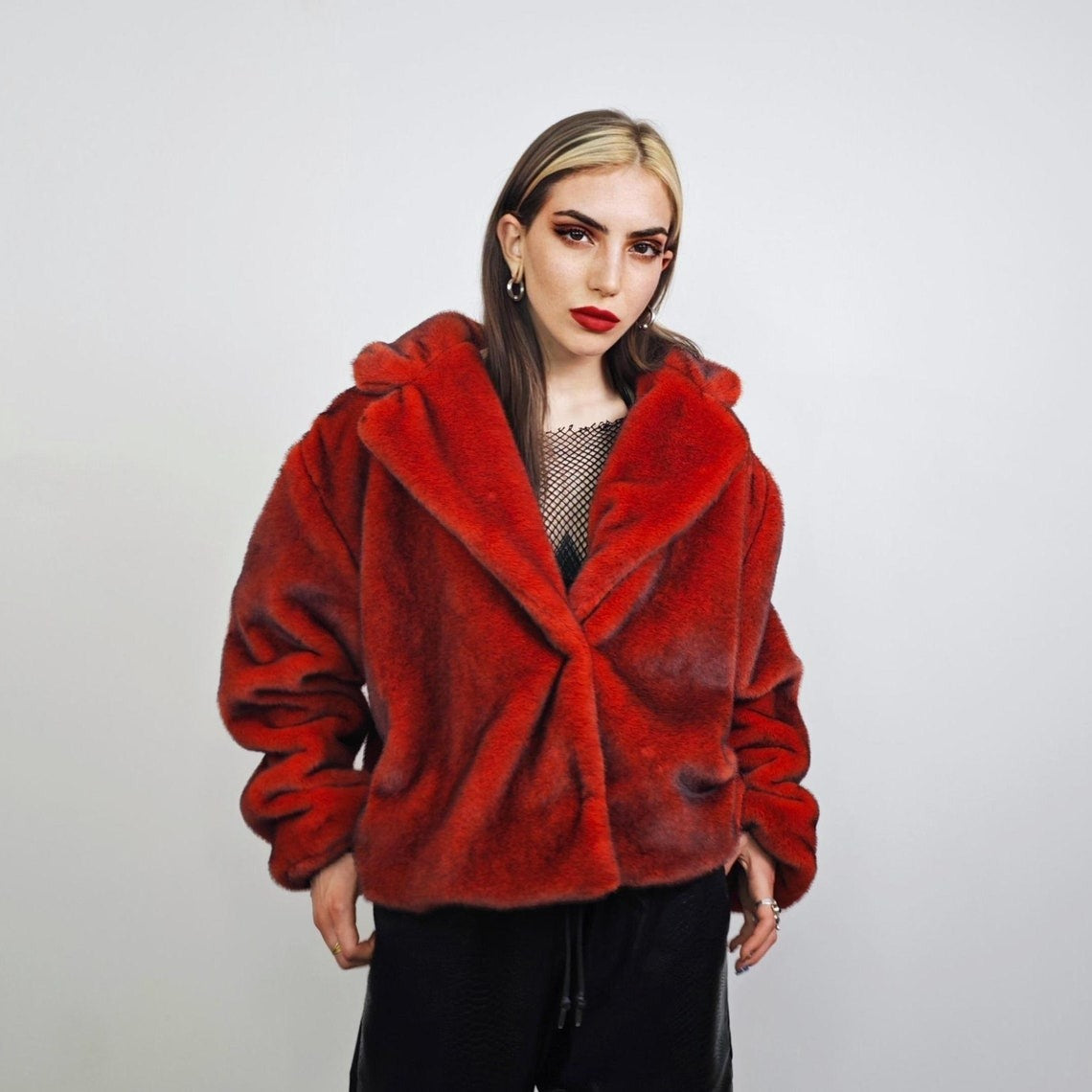 Red faux fur coat cropped trench short going out jacket grunge detachable sleeves handmade luxury festival overcoat fleece