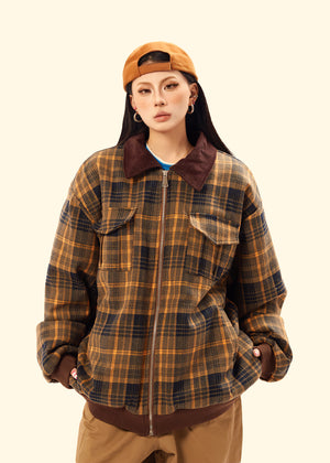 Brown check utility aviator jacket plaid preppy bomber