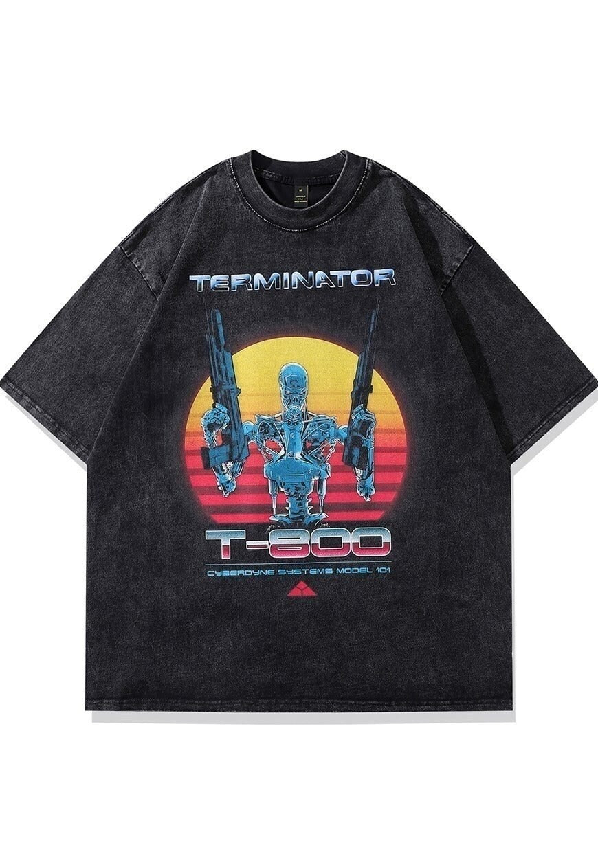 Terminator t-shirt grunge cyborg tee retro robot top in grey