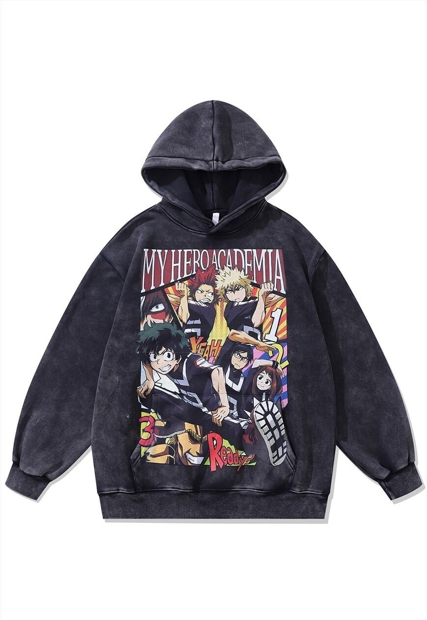 Academia hoodie anime pullover vintage wash Japanese jumper