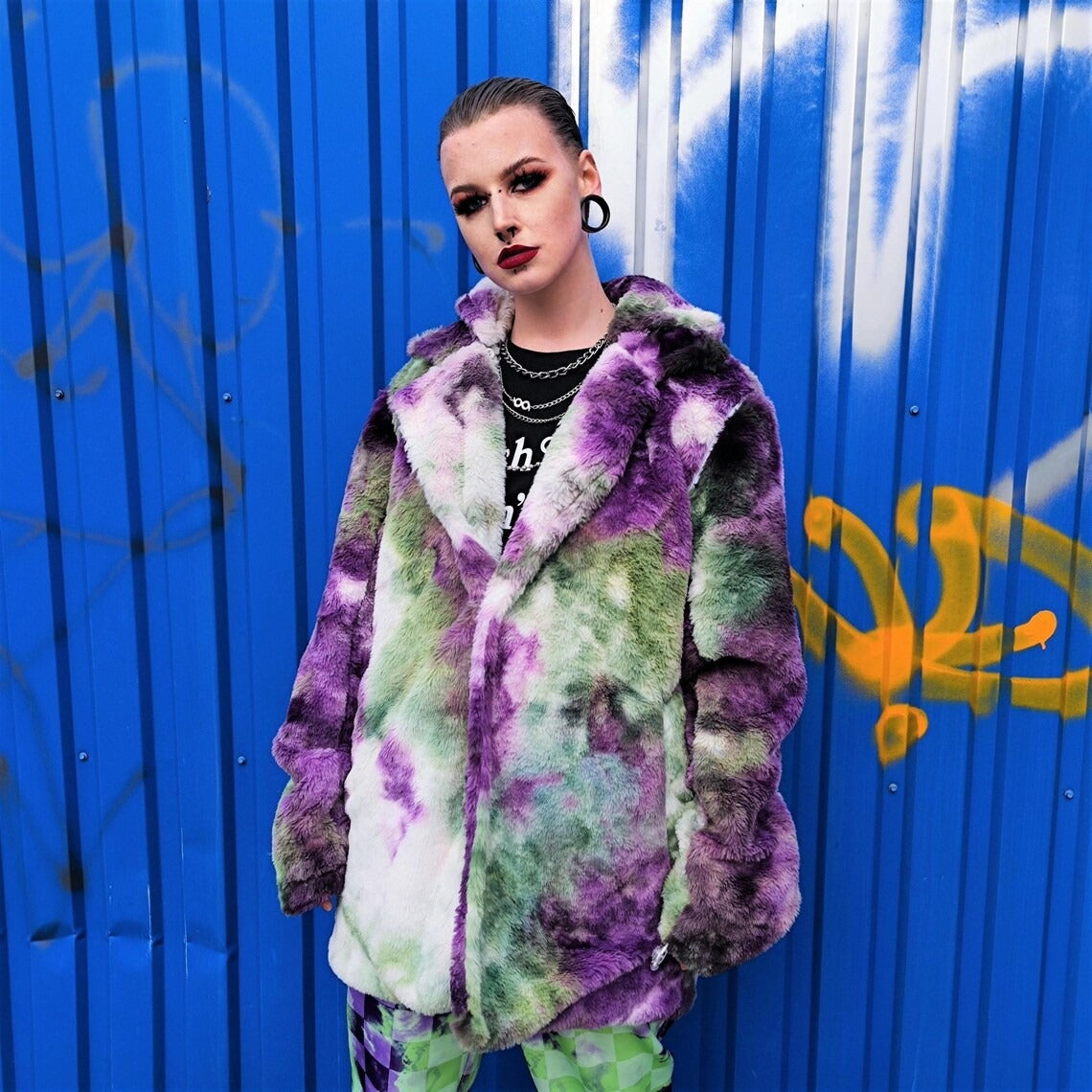 Tie-dye fleece coat green purple faux fur gradient trench grunge overcoat detachable handmade rave puffer festival bomber Coachella jacket