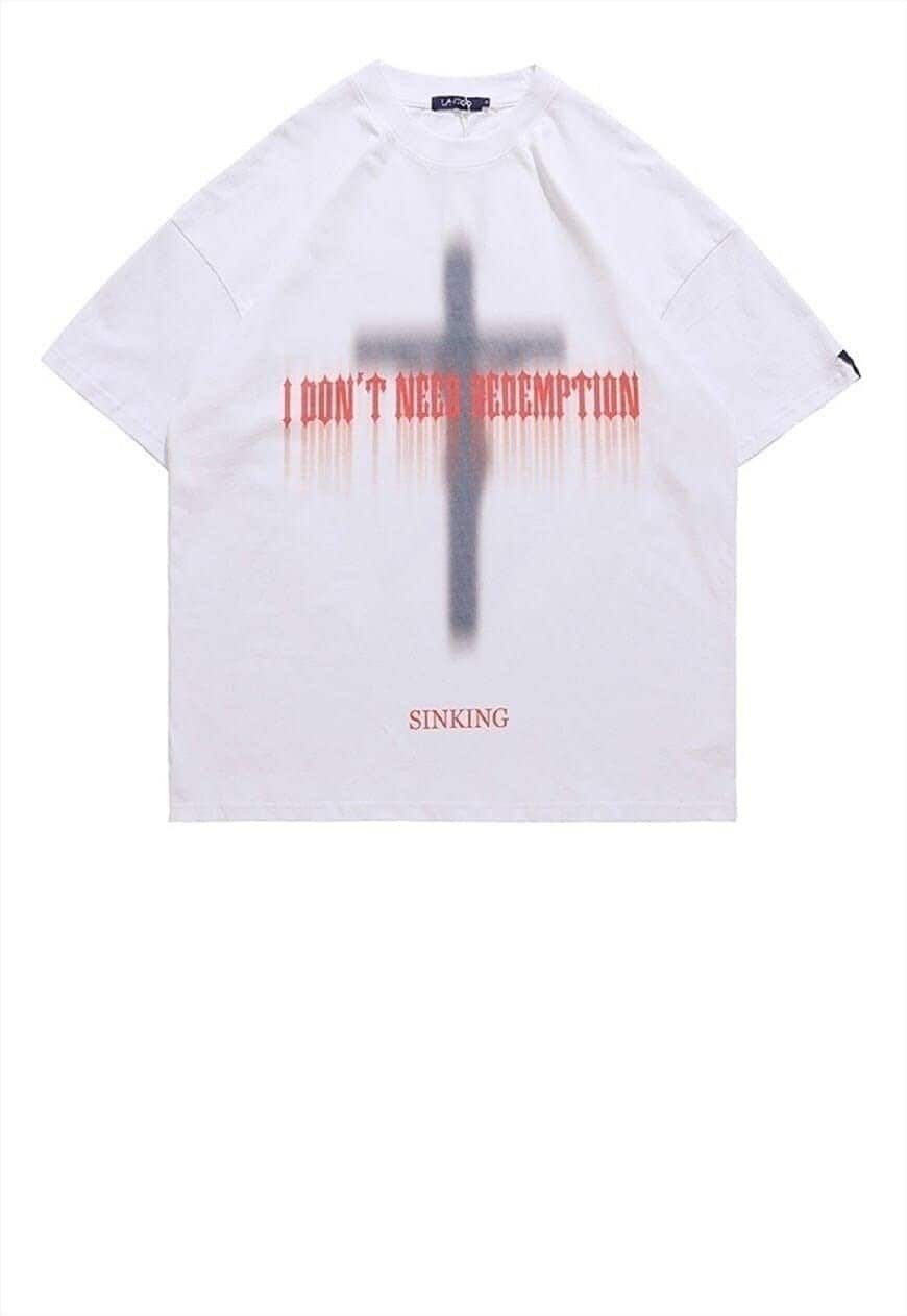 Cross print t-shirt grunge tee Gothic slogan top in White