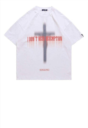 Cross print t-shirt grunge tee Gothic slogan top in White